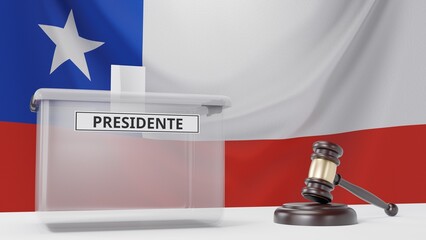 3D rendering of a Chilean ballot box with a sign saying "presidente", which means "president" in Spanish, and a court hammer. With the Chilean flag in the background.