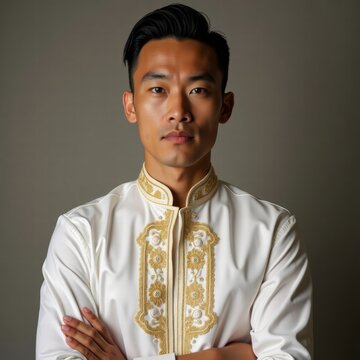 A Filipino male model wearing traditional Barong Tagalog attire