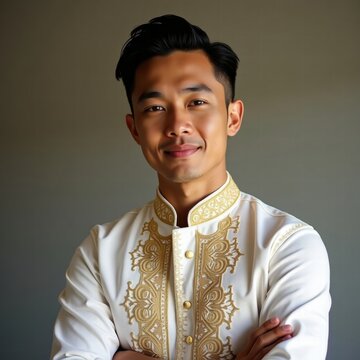 A Filipino male model wearing traditional Barong Tagalog attire
