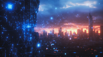 Obraz premium Smart digital Innovation city with connection network reciprocity over the cityscape. of future smart wireless digital city and social media networking systems that connects people with in city