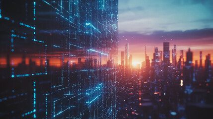 Fototapeta premium Smart digital Innovation city with connection network reciprocity over the cityscape. of future smart wireless digital city and social media networking systems that connects people with in city