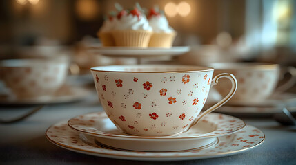 Elegant Vintage Teacup with Floral Pattern and Gold Trim, Set on Table with Cupcakes