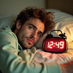  A guy with brown messy hairs wearing light green sleeping suit lying in bed, looking startled, with an alarm clock beside him glowing brightly and showing the time