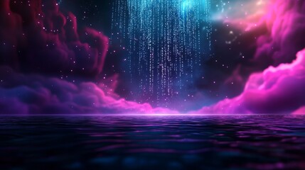A river of binary code (1s and 0s) flowing through a holographic futuristic landscape, glowing in bright cyan and purple, surrealism, vivid colors