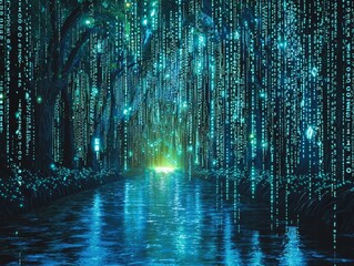 Obraz premium A river of binary code flowing through a dark cyberspace, with sparkling blue and green neon highlights, evoking a sense of digital infinity