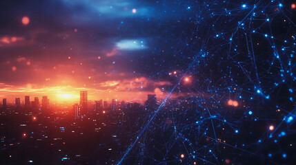 Smart digital Innovation city with connection network reciprocity over the cityscape. of future smart wireless digital city and social media networking systems that connects people with in city