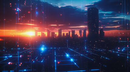 Obraz premium Smart digital Innovation city with connection network reciprocity over the cityscape. of future smart wireless digital city and social media networking systems that connects people with in city
