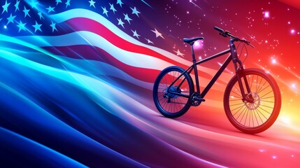 Fototapeta premium A modern bicycle silhouette with a holographic American flag, pop art style, bold colors, abstract composition, dynamic energy