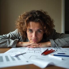 A person, likely an architect or real estate agent, surrounded by financial calculations and house plans spread out on a rustic wooden table