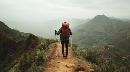 Fototapeta premium Solo Hiker with Backpack Trekking on Mountain Path in Misty Landscape