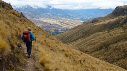 Obraz premium Hiker Walking on Trail in Scenic Mountainous Landscape with Valleys