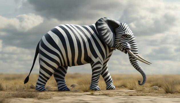 Unique Elephant Design: Striped In Zebra Print. Embrace Individuality And Innovate. Experience An Original Artistic Rendering Of This Animal. Stand Out!