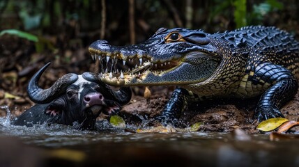 Obraz premium Black caiman attacks a water buffalo in a murky river.