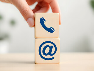 Contact, Communication, Phone, Email, Message, Icon, Symbol, Hand, Stack, Wooden Blocks, Blue, Technology, Reach Out, Connect, Support, Service, Help, Information, Access, Network, Digital, Interactio