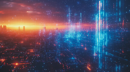 Obraz premium Smart digital Innovation city with connection network reciprocity over the cityscape. of future smart wireless digital city and social media networking systems that connects people with in city