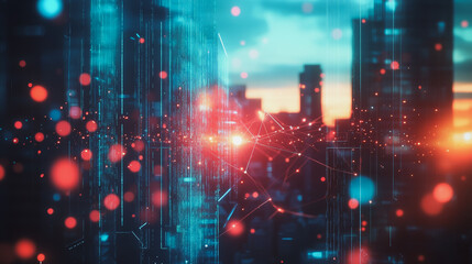 Fototapeta premium Smart digital Innovation city with connection network reciprocity over the cityscape. of future smart wireless digital city and social media networking systems that connects people with in city