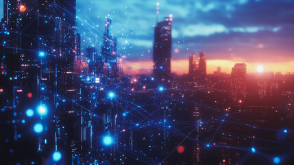 Obraz premium Smart digital Innovation city with connection network reciprocity over the cityscape. of future smart wireless digital city and social media networking systems that connects people with in city