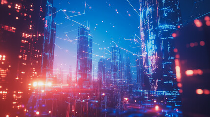 Fototapeta premium Smart digital Innovation city with connection network reciprocity over the cityscape. of future smart wireless digital city and social media networking systems that connects people with in city