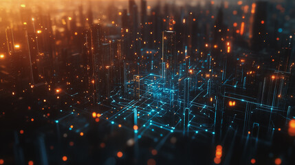Obraz premium Smart digital Innovation city with connection network reciprocity over the cityscape. of future smart wireless digital city and social media networking systems that connects people with in city