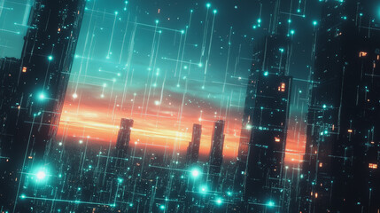 Fototapeta premium Smart digital Innovation city with connection network reciprocity over the cityscape. of future smart wireless digital city and social media networking systems that connects people with in city