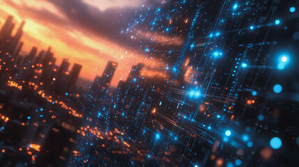 Obraz premium Smart digital Innovation city with connection network reciprocity over the cityscape. of future smart wireless digital city and social media networking systems that connects people with in city