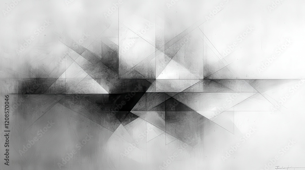 Poster abstract grayscale artwork featuring geometric shapes and hazy textures.
