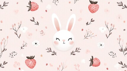 Minimalist yet cute pattern of rabbits, small strawberries, and simple bows, arranged symmetrically on a soft pastel pink base