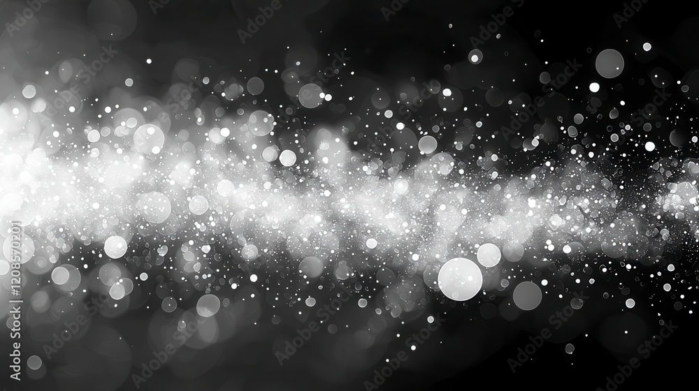 Poster abstract grayscale background with bokeh lights, glowing particles and glitter.