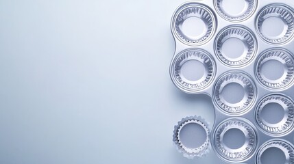 Minimalistic display of an empty muffin tin tray, perfectly arranged, sharp details on a pure white background, ideal for culinary presentations