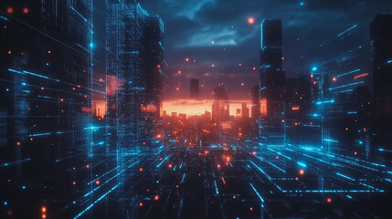 Smart digital Innovation city with connection network reciprocity over the cityscape. of future smart wireless digital city and social media networking systems that connects people with in city