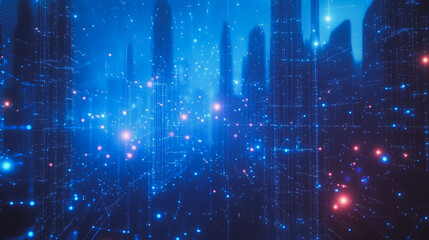 Obraz premium Smart digital Innovation city with connection network reciprocity over the cityscape. of future smart wireless digital city and social media networking systems that connects people with in city