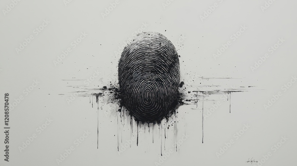 Aufkleber abstract grayscale fingerprint art with dripping ink, emphasizing identity and uniqueness.