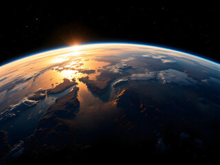 Obraz premium Sunrise over Earth's horizon from space.