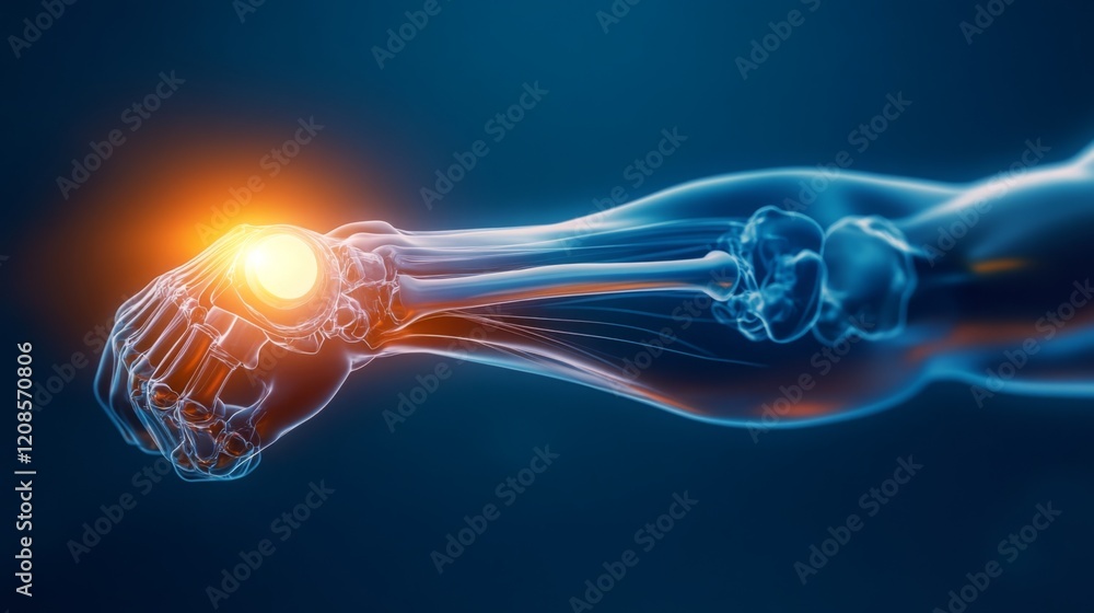 Poster A human arm is depicted with a transparent skeletal structure, glowing at the wrist where energy appears to emanate, creating a sense of advanced technology and innovation in a dark background.