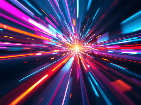Digital neon light trails bursting with vibrant colors and dynamic energy.