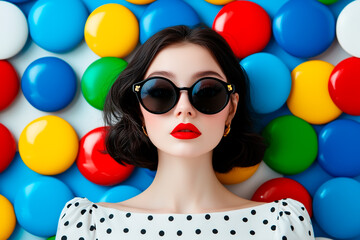 Fototapeta premium Portrait of Woman with Sunglasses Against Multicolored Circles