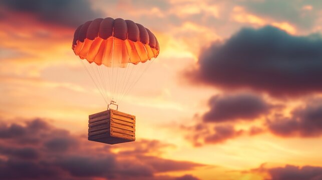 A parachute dropping a wooden crate against a colorful sunset sky.