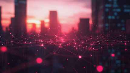 Obraz premium Smart digital Innovation city with connection network reciprocity over the cityscape. of future smart wireless digital city and social media networking systems that connects people with in city