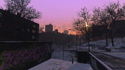Snowy city street sunrise, graffiti wall, winter