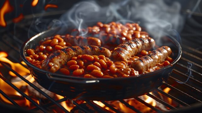Grilled Sausages and Baked Beans Over Open Flame