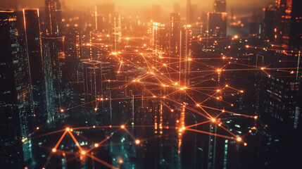 Obraz premium Smart digital Innovation city with connection network reciprocity over the cityscape. of future smart wireless digital city and social media networking systems that connects people with in city