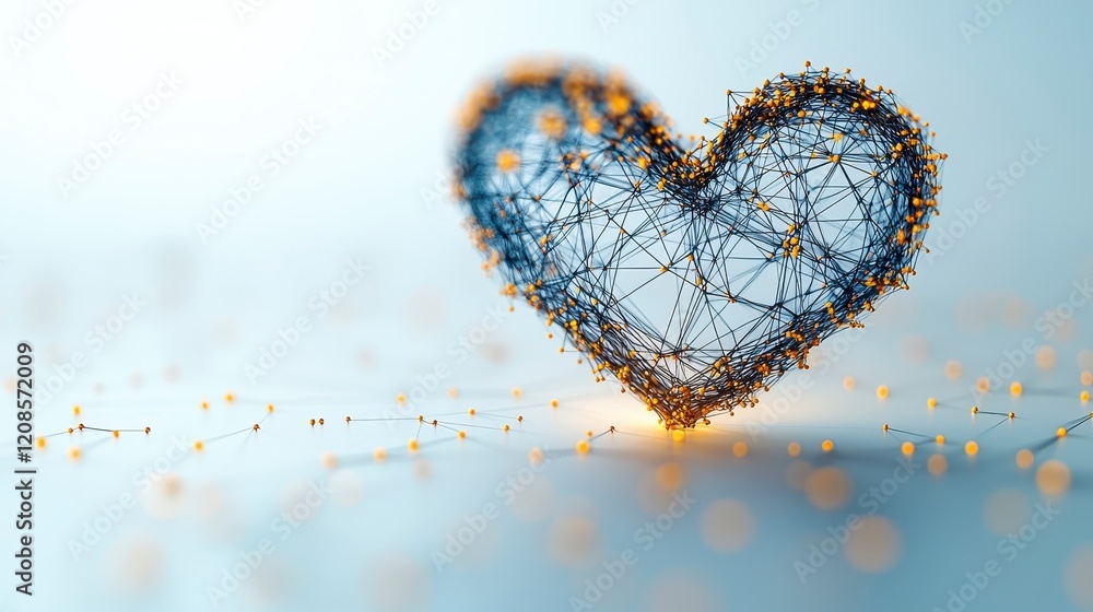 Poster abstract heart shape formed by interconnected nodes and lines, glowing softly on light background.