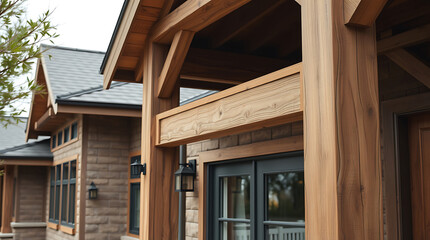 Modern Luxury Home Exterior: Architectural Design with Wood and Stone.  High-end residential property showcasing stunning timber framing and brickwork details.