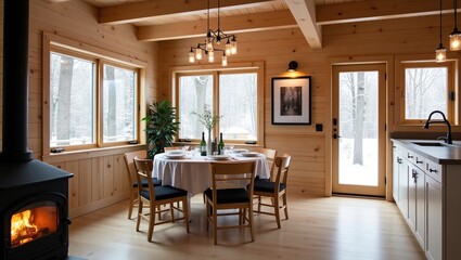 Fototapeta premium Cozy Cabin Dining Room Winter Scene