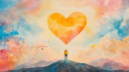 Fototapeta premium Valentine's Day ambiance, a yellow-jacketed figure framed by heart-shaped clouds over a scenic mountain, paraglider in the sky, watercolor, soft pastel palette