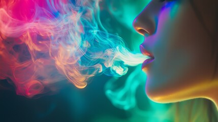 Vapor cloud captured in motion as it leaves a person's lips, illuminated by vibrant LED colors in a swirling kaleidoscope effect, Psychedelic, Motion Blur