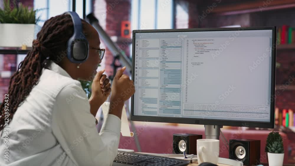 Poster jolly engineer in home office working on computer, dancing at desk in celebration after successfully