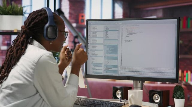 Jolly engineer in home office working on computer, dancing at desk in celebration after successfully executing code. IT worker wearing headphones happy after finishing compiling code, camera B