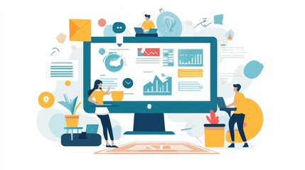 Naklejka premium A digital workspace illustration featuring data analysis and teamwork.