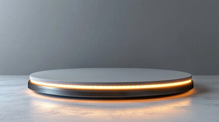 A silver pedestal platform display with a neon modern stand podium set against a white room background, offering a clean and minimalist space for exhibitions, presentations, or product showcases

